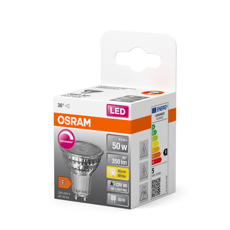 LED PAR16 reflektor GU10 4,5W = 50W 350lm 2700K, teplá biela CRI90 36° stmievateľný SUPERSTAR Osram