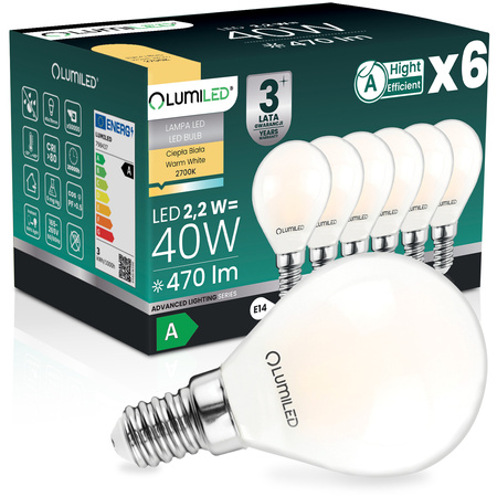 6x LED žiarovka E14 guľka P45 2,2W 470lm = 40W 2700K teplá biela 360° Filament CLASS A LUMILED