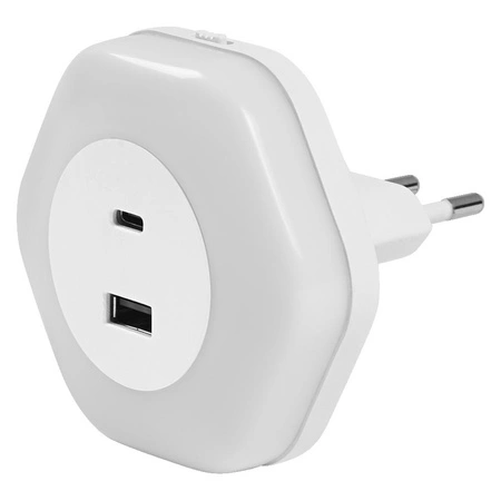 Nočné svetlo LEDkonektorom USB-A USB-C do zásuvky 15W 4lm 3000K, teplá biela so súmrakovým senzorom White Lunetta Ledvance
