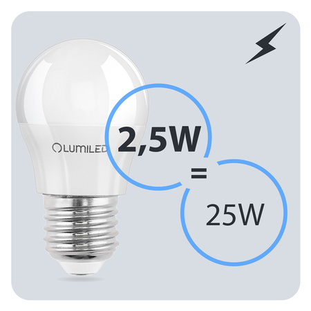 LED žiarovka E27 guľka P45 2,5W = 25W 249lm 3000K teplá biela 180° LUMILED