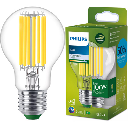 LED žiarovka E27 A60 7,3W = 100W 1535lm 210lm/W 4000K neutrálna biela 300° CLASS A UltraEfficient Philips
