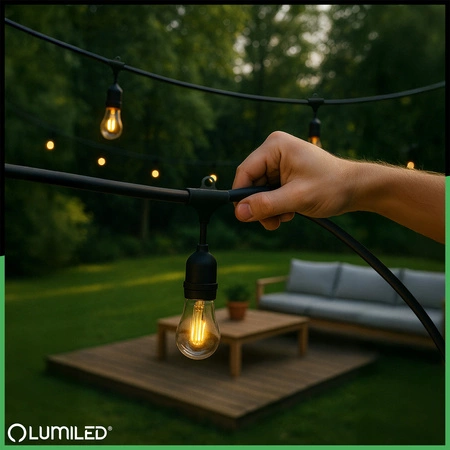 Záhradná vonkajšia svetelná reťaz Girland 15m 30x žiarovky E27 1,3W 2200K MALUS Lumiled