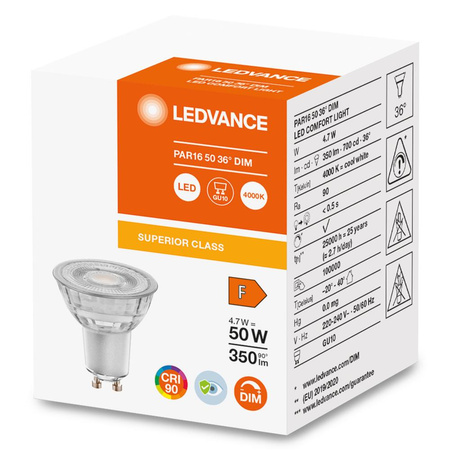 LED žiarovka reflektor GU10 PAR16 4,7W = 50W 350lm 4000K neutrálna biela 36° CRI90 Stmievateľná Ledvance