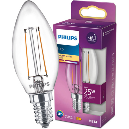 LED žiarovka E14 sviečka B35 2W = 25W 250lm 2700K teplá biela FILAMENT LED Classic Philips
