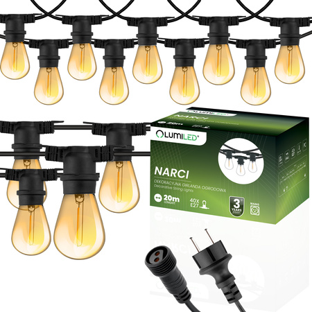 Záhradná vonkajšia svetelná reťaz Girland 20m 20x žiarovky E27 1,3W 2200K NARCI Lumiled