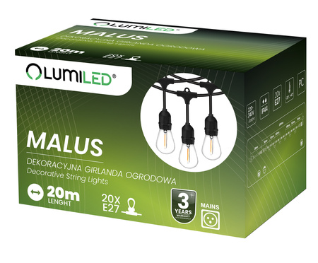 MALUS Vonkajšia záhradná svetelná reťaz 20m 20xE27 + LED žiarovky 1,3W 2200K Lumiled