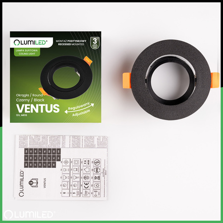 Halogénové svietidlo na zapustenú montáž Pohyblivé okrúhle čierne GU10 MR16 VENTUS Lumiled