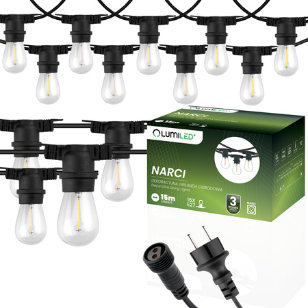 Záhradná vonkajšia svetelná reťaz Girland 15m 15x žiarovky E27 1W 2700K NARCI Lumiled