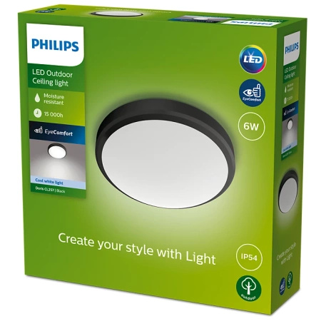 Záhradná lampa LED Plafon 6W 600lm 4000K IP54 Vodotesná čierna Doris Philips