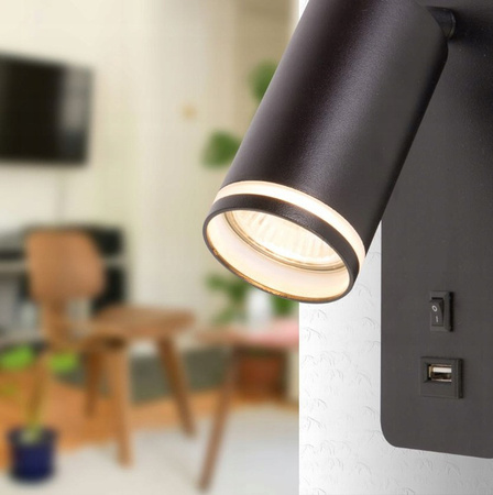 Nástenná povrchová lampa na čítanie GU10 USB Black Matte Ring Masterled