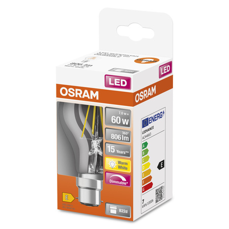 LED žiarovka A60 B22d 7W = 60W 806lm 2700K teplá biela 300° Dimmable Retrofit Filament CLASSIC Osram