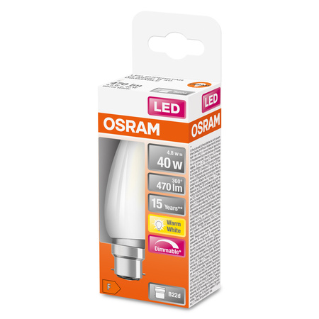 LED žiarovka B35 sviečka B22d 4,8W = 40W 470lm 2700K teplá biela 300° Dimmable Retrofit Filament CLASSIC Osram
