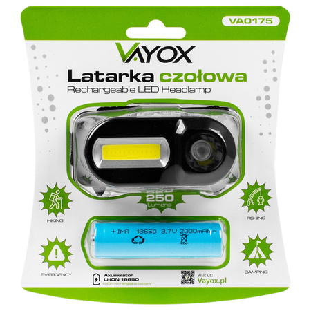 LED dobíjacia hlavová baterka 250lm XPE + COB LED 7 režimov VAYOX