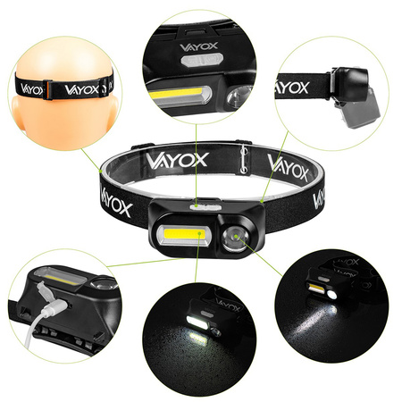 LED dobíjacia hlavová baterka 250lm XPE + COB LED 7 režimov VAYOX