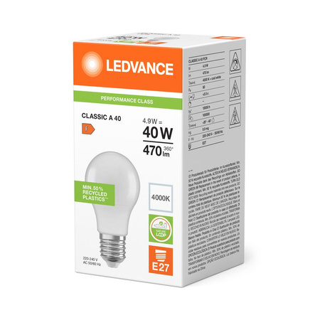 LED žiarovka E27 A60 4,9W = 40W 470lm 4000K neutrálna biela 180° Ledvance