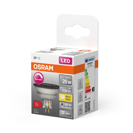 LED žiarovka MR16 reflektor GU5.3 3,4W = 20W 230lm 2700K teplá biela CRI90 12V 36° Stmievateľná SUPERSTAR Osram