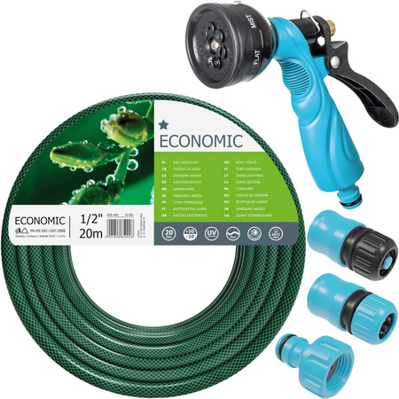 Súprava záhradnej hadice na vodu 1/2" 20 m, pištoľový postrekovač, prípojka so závitom, rýchlospojka so zarážkou, rýchlospojka s prepadom 1/2" CELLFAST