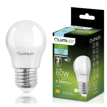 LED žiarovka E27 guľka P45 8W = 60W 806lm 6500K studená biela 180° LUMILED