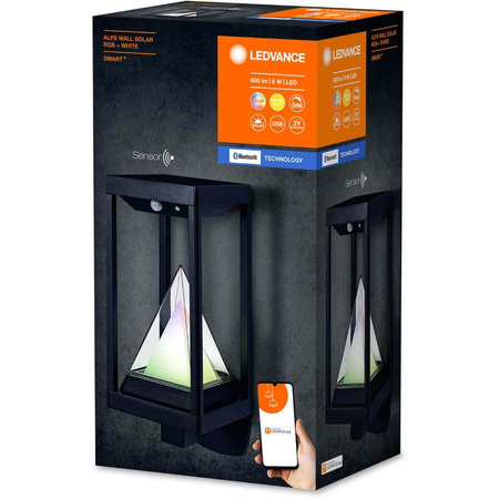 Vonkajšia solárna lampa Inteligentná fasádna nástenná lampa 6W 400lm 3000K teplá biela RGB+W Stmievateľná IP44 Čierna SMART+ Bluetooth Alps Ledvance