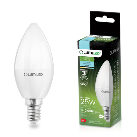 LED žiarovka E14 sviečka B35 2,5W = 25W 249lm 6500K studená biela 180° LUMILED