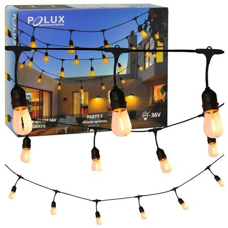 Vonkajšia záhradná girlanda 6W 2200K, teplá biela 10 x E27 Black IP44 PARTY Sanico Goldlux