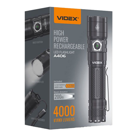 Nabíjateľná LED ručná baterka 20W 4000lm 6 módov USB-C Vodotesné IP68 Videx