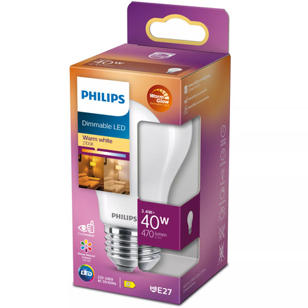 LED žiarovka E27 A60 3,4W = 40W 470lm 2200-2700K teplá biela CRI90 FILAMENT Stmievateľná WarmGlow Philips