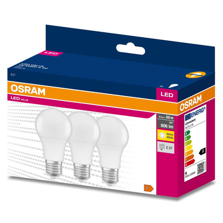 3x LED žiarovka A60 E27 8W = 60W 806lm 3000K teplá biela 180° VALUE CLASSIC Osram