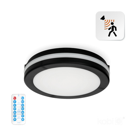 LED stropný plafón do kúpeľnepovrchovou montážou 12W 1140lm CCT 120° so senzorom pohybu a súmraku čierny IP65 IK08 Nairos Kobi