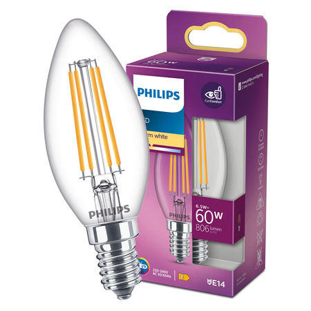 LED žiarovka E14 sviečka B35 6,5W = 60W 806lm 2700K teplá biela FILAMENT LED Classic Philips