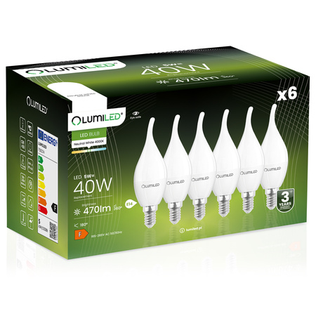 6x LED žiarovka E14 BA35 5W = 40W 470lm 4000K neutrálna biela 180° LUMILED