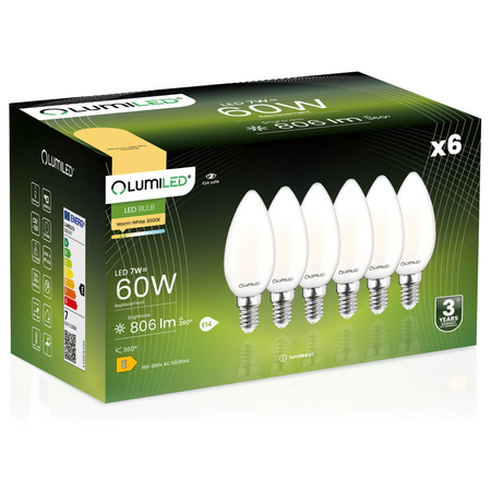 6x LED žiarovka B35 E14 7W = 60W 806lm 3000K, teplá biela 360° Filament Milk LUMILED