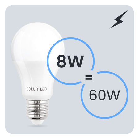 LED žiarovka E27 A60 8W = 60W 806lm 6500K studená biela 260° LUMILED