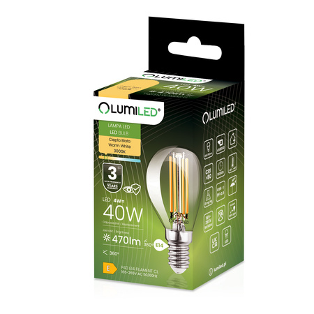 6x LED žiarovka E14 Ball P45 4W = 40W 470lm 3000K Warm 360° FILAMENT LUMILED