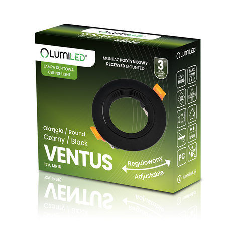 Halogénové svietidlo na zapustenú montáž Pohyblivé okrúhle čierne GU10 MR16 VENTUS Lumiled