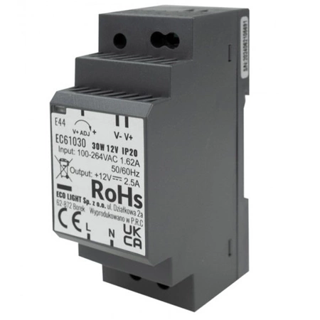 Napájací zdroj na DIN lištu pre LED pásky 30W 12V 2,5A IP20 PREMIUM Ecolight