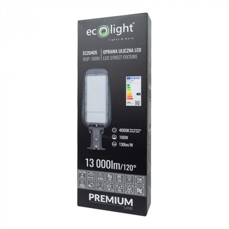 LED pouličné osvetlenie 100W 13000lm 4000K, neutrálna biela IP65 130lm/W PREMIUM Ecolight