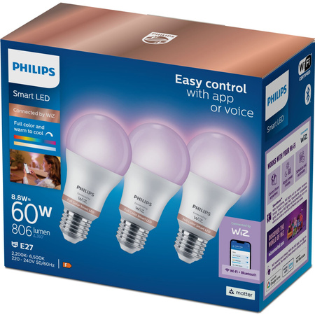 3x LED žiarovka E27 A60 8,8W = 60W 806lm 2200-6500K RGB + TW Smart SMART WiFi Bluetooth App WiZ Philips