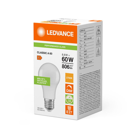 LED žiarovka E27 A60 8,8W = 60W 806lm 2700K teplá biela 200° Dimmable Ledvance