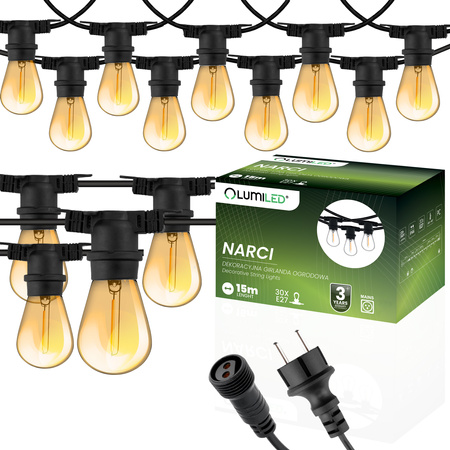 Záhradná vonkajšia svetelná reťaz Girland 15m 30x žiarovky E27 1,3W 2200K NARCI Lumiled