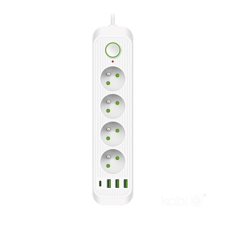 Sieťový predlžovací kábel 4x uzemnená zásuvka USB Power Strip On/Off Switch 5m White Connecto Kobi