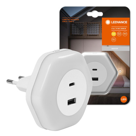 Nočné svetlo LEDkonektorom USB-A USB-C do zásuvky 15W 4lm 3000K, teplá biela so súmrakovým senzorom White Lunetta Ledvance