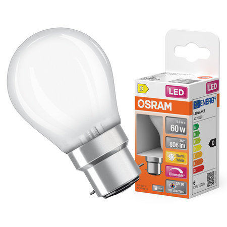 LED žiarovka P45 guľka B22d 5,5W = 60W 806lm 2700K teplá biela CRI90 300° Filament Dimmable SUPERSTAR PLUS CLASSIC Osram