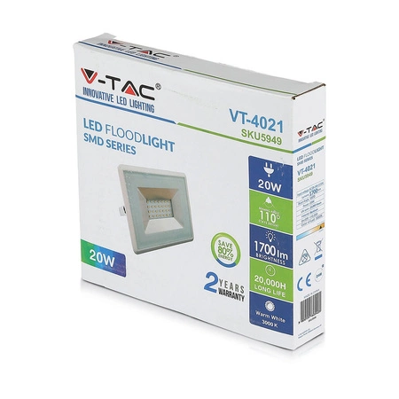 LED reflektor 20W 1700lm 6500K IP65 biely SMD VT-4021W V-TAC