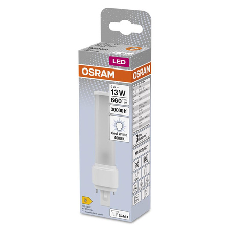 LED žiarivka G24d-1 6W = 13W 660lm 4000K, neutrálna biela 120° DULUX LED D EM & AC Osram