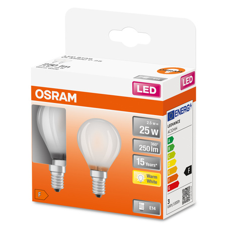 2x LED žiarovka P45 guľka E14 2,5W = 25W 250lm 2700K teplá biela 300° Retrofit Filament CLASSIC Osram