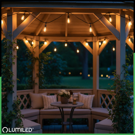 Záhradná vonkajšia svetelná reťaz Girland 20m 20x žiarovky E27 2W 3000K MALUS Lumiled