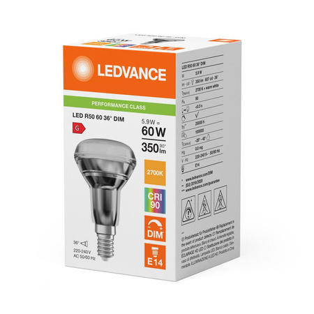 LED žiarovka reflektor E14 R50 5,9W = 60W 350lm 2700K teplá biela 36° CRI90 Stmievateľná Ledvance