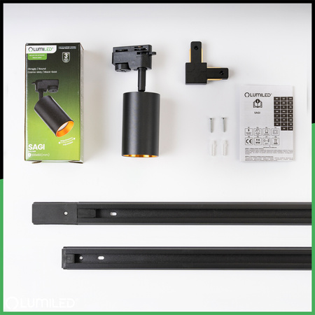 Súprava osvetľovacích líšt 3 m čierna + 5x SAGI GU10 čierna a zlatá + LUMILED spínač