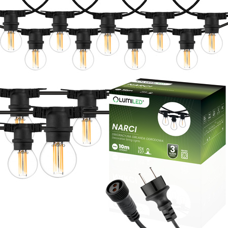 Záhradná vonkajšia svetelná reťaz Girland 10m 10x žiarovky E27 7W 3000K NARCI Lumiled
